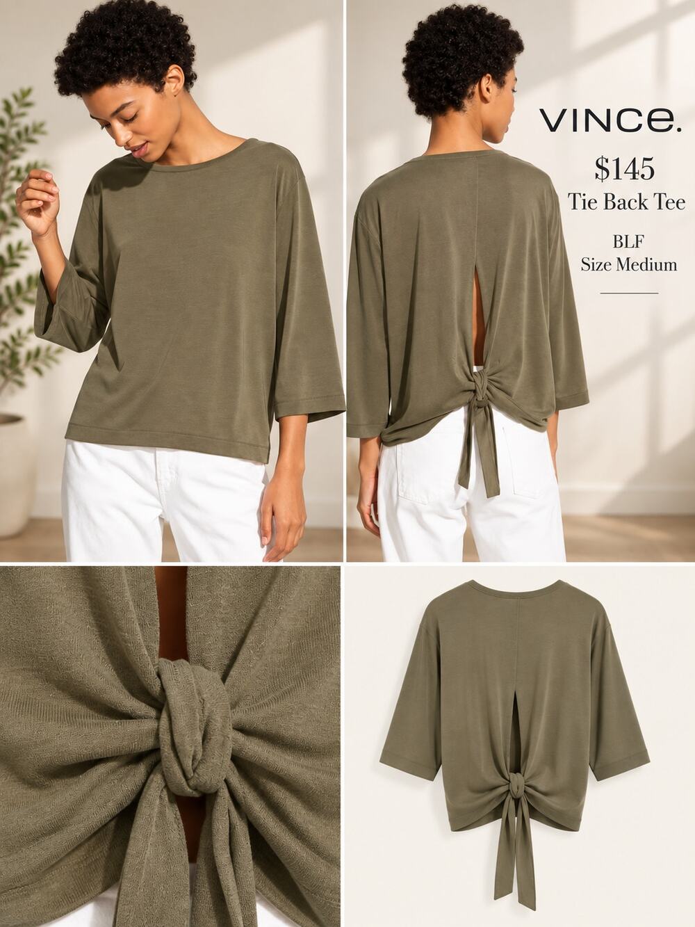 VINCE $145 Tie Back Tee BLF Size Medium